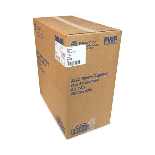 Image of Pactiv Evergreen EarthChoice Square Recycled Bowl, 4 Compartments, 32 oz, 6.13 x 6.13 x 2.61, Clear, Plastic, 360/Carton