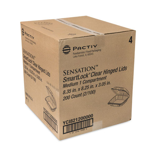 Image of Pactiv Evergreen SENSATION SmartLock Hinged Lid Container, 8.34 x 8.24 x 3.05, Clear, Plastic, 200/Carton