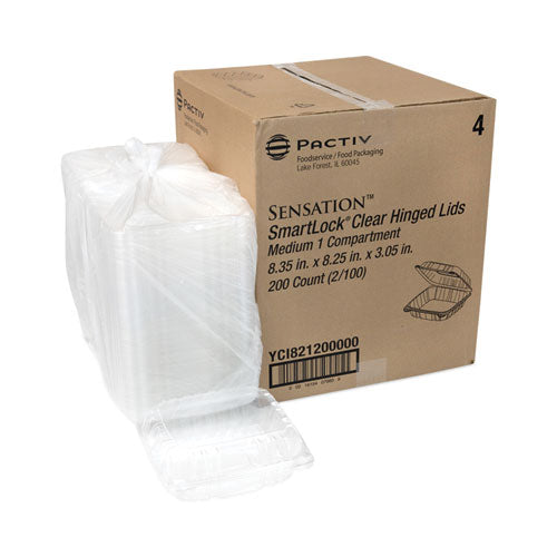 Image of Pactiv Evergreen SENSATION SmartLock Hinged Lid Container, 8.34 x 8.24 x 3.05, Clear, Plastic, 200/Carton