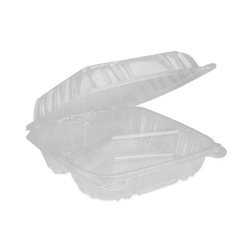 Image of Pactiv Evergreen SENSATION SmartLock Hinged Lid Container, 3 Compartments, 8.24 x 8.34 x 3.05, Clear, Plastic, 200/Carton