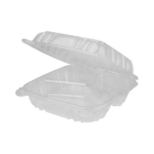 Image of Pactiv Evergreen SENSATION SmartLock Hinged Lid Container, 3 Compartments, 8.24 x 8.34 x 3.05, Clear, Plastic, 200/Carton
