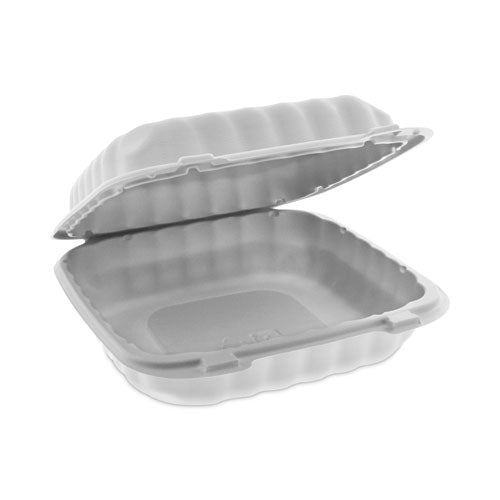 Image of Pactiv Evergreen EarthChoice SmartLock Microwavable MFPP Hinged Lid Container, 8.31 x 8.35 x 3.1, White, Plastic, 200/Carton