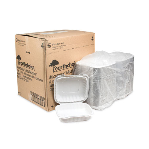 Image of Pactiv Evergreen EarthChoice SmartLock Microwavable MFPP Hinged Lid Container, 8.31 x 8.35 x 3.1, White, Plastic, 200/Carton