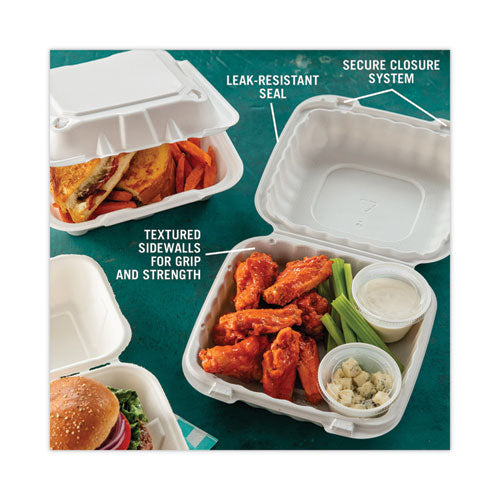 Image of Pactiv Evergreen EarthChoice SmartLock Microwavable MFPP Hinged Lid Container, 8.31 x 8.35 x 3.1, White, Plastic, 200/Carton