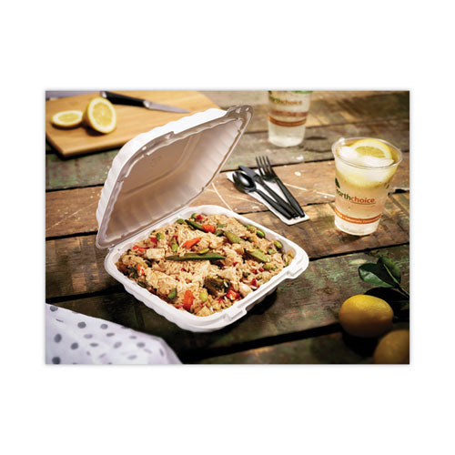 Image of Pactiv Evergreen EarthChoice SmartLock Microwavable MFPP Hinged Lid Container, 8.31 x 8.35 x 3.1, White, Plastic, 200/Carton