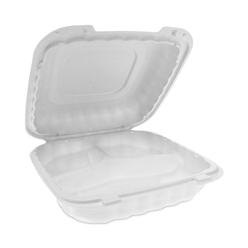 Image of Pactiv Evergreen EarthChoice SmartLock Microwavable MFPP Hinged Lid Container, 3 Compartments, 8.31 x 8.35 x 3.1, White, Plastic, 200/Carton