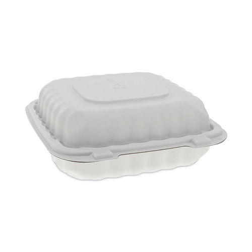 Image of Pactiv Evergreen EarthChoice SmartLock Microwavable MFPP Hinged Lid Container, 3 Compartments, 8.31 x 8.35 x 3.1, White, Plastic, 200/Carton