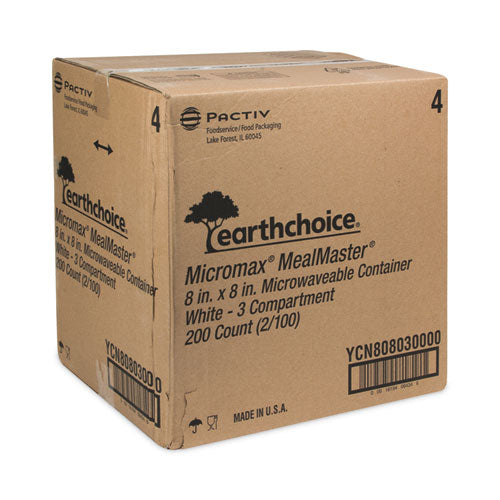 Image of Pactiv Evergreen EarthChoice SmartLock Microwavable MFPP Hinged Lid Container, 3 Compartments, 8.31 x 8.35 x 3.1, White, Plastic, 200/Carton