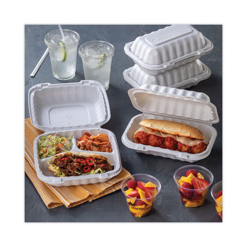 Image of Pactiv Evergreen EarthChoice SmartLock Microwavable MFPP Hinged Lid Container, 3 Compartments, 8.31 x 8.35 x 3.1, White, Plastic, 200/Carton