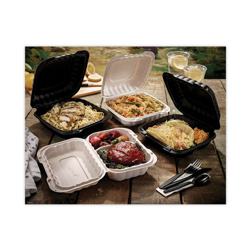 Image of Pactiv Evergreen EarthChoice SmartLock Microwavable MFPP Hinged Lid Container, 3 Compartments, 8.31 x 8.35 x 3.1, White, Plastic, 200/Carton