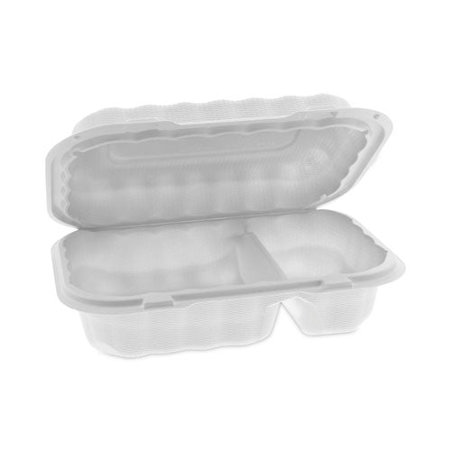 Image of Pactiv Evergreen EarthChoice SmartLock Microwavable MFPP Hinged Lid Container, 2 Compartments, 9 x 6 x 3, White, Plastic, 270/Carton