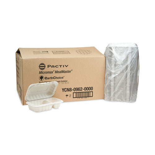 Image of Pactiv Evergreen EarthChoice SmartLock Microwavable MFPP Hinged Lid Container, 2 Compartments, 9 x 6 x 3, White, Plastic, 270/Carton