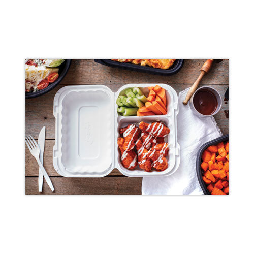 Image of Pactiv Evergreen EarthChoice SmartLock Microwavable MFPP Hinged Lid Container, 2 Compartments, 9 x 6 x 3, White, Plastic, 270/Carton
