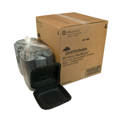 Image of Pactiv Evergreen EarthChoice SmartLock Microwavable MFPP Hinged Lid Container, 8.31 x 8.35 x 3.1, Black, Plastic, 200/Carton