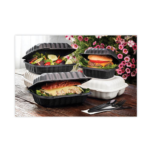 Image of Pactiv Evergreen EarthChoice SmartLock Microwavable MFPP Hinged Lid Container, 8.31 x 8.35 x 3.1, Black, Plastic, 200/Carton