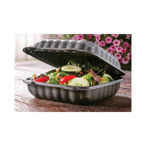 Image of Pactiv Evergreen EarthChoice SmartLock Microwavable MFPP Hinged Lid Container, 8.31 x 8.35 x 3.1, Black, Plastic, 200/Carton