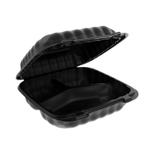 Image of Pactiv Evergreen EarthChoice SmartLock Microwavable MFPP Hinged Lid Container, 3 Compartments, 8.3 x 8.3 x 3.4, Black, Plastic, 200/Carton