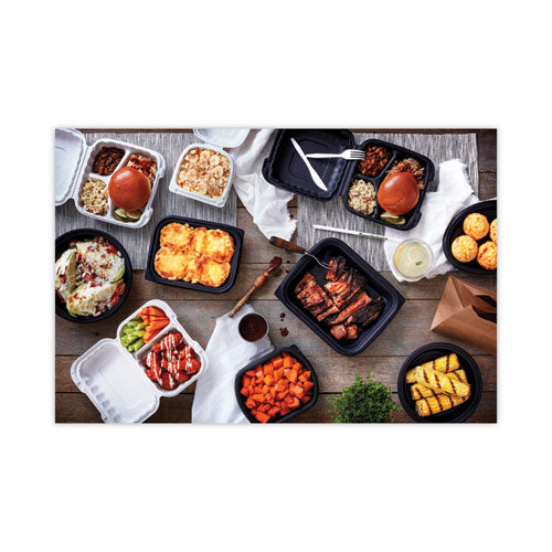 Image of Pactiv Evergreen EarthChoice SmartLock Microwavable MFPP Hinged Lid Container, 3 Compartments, 8.3 x 8.3 x 3.4, Black, Plastic, 200/Carton