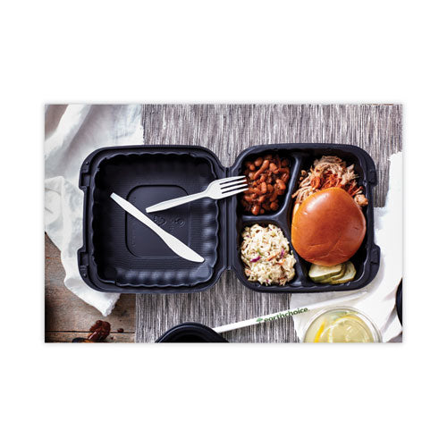 Image of Pactiv Evergreen EarthChoice SmartLock Microwavable MFPP Hinged Lid Container, 3 Compartments, 8.3 x 8.3 x 3.4, Black, Plastic, 200/Carton