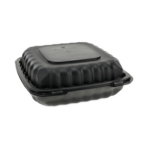Image of Pactiv Evergreen EarthChoice SmartLock Microwavable MFPP Hinged Lid Container, 3 Compartments, 9.33 x 8.88 x 3.1, Black, Plastic, 120/Carton