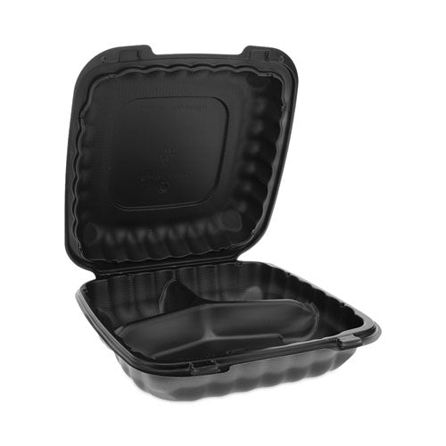 Image of Pactiv Evergreen EarthChoice SmartLock Microwavable MFPP Hinged Lid Container, 3 Compartments, 9.33 x 8.88 x 3.1, Black, Plastic, 120/Carton