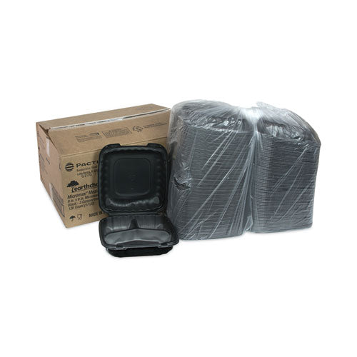 Image of Pactiv Evergreen EarthChoice SmartLock Microwavable MFPP Hinged Lid Container, 3 Compartments, 9.33 x 8.88 x 3.1, Black, Plastic, 120/Carton