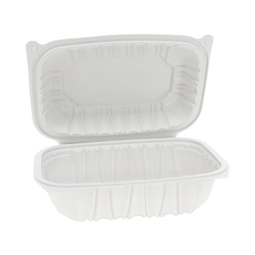 Image of Pactiv Evergreen EarthChoice Vented Microwavable MFPP Hinged Lid Container, 9 x 6 x 3.1, White, Plastic, 170/Carton