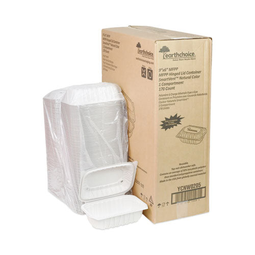 Image of Pactiv Evergreen EarthChoice Vented Microwavable MFPP Hinged Lid Container, 9 x 6 x 3.1, White, Plastic, 170/Carton