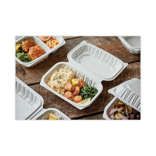 Image of Pactiv Evergreen EarthChoice Vented Microwavable MFPP Hinged Lid Container, 9 x 6 x 3.1, White, Plastic, 170/Carton