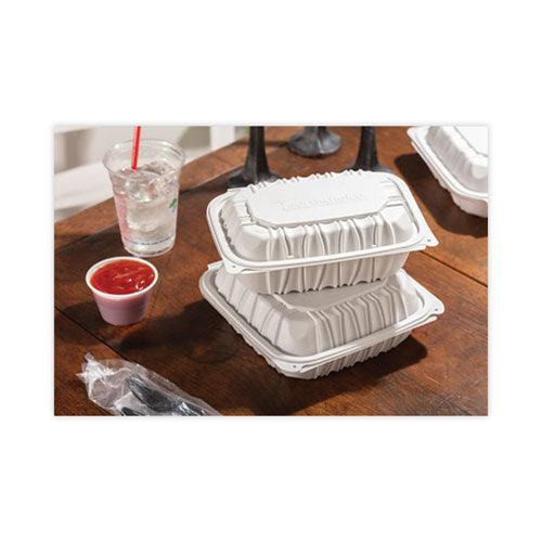 Image of Pactiv Evergreen EarthChoice Vented Microwavable MFPP Hinged Lid Container, 9 x 6 x 3.1, White, Plastic, 170/Carton