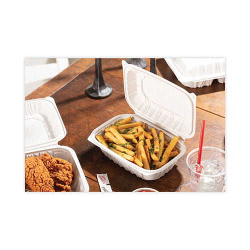 Image of Pactiv Evergreen EarthChoice Vented Microwavable MFPP Hinged Lid Container, 9 x 6 x 3.1, White, Plastic, 170/Carton