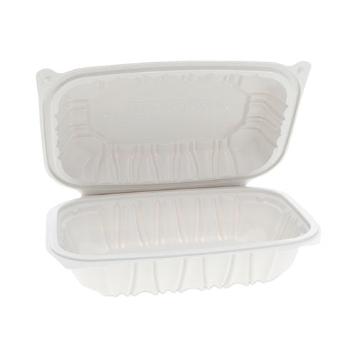 Image of Pactiv Evergreen EarthChoice Vented Microwavable MFPP Hinged Lid Container, 9 x 6 x 2.75, White, Plastic, 170/Carton