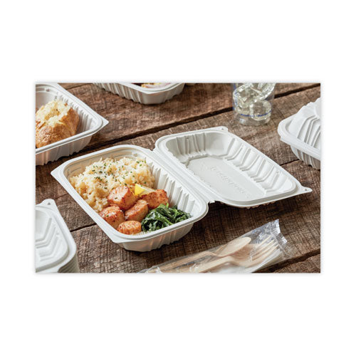 Image of Pactiv Evergreen EarthChoice Vented Microwavable MFPP Hinged Lid Container, 9 x 6 x 2.75, White, Plastic, 170/Carton