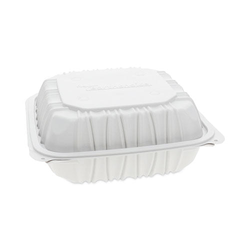 Image of Pactiv Evergreen EarthChoice Vented Microwavable MFPP Hinged Lid Container, 8.5 x 8.5 x 3.1, White, Plastic, 146/Carton