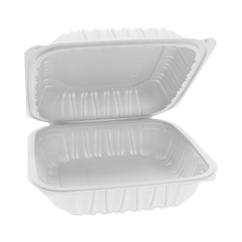 Image of Pactiv Evergreen EarthChoice Vented Microwavable MFPP Hinged Lid Container, 8.5 x 8.5 x 3.1, White, Plastic, 146/Carton