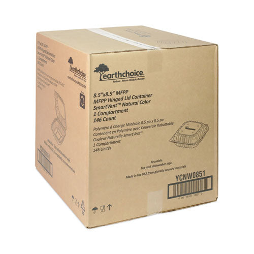 Image of Pactiv Evergreen EarthChoice Vented Microwavable MFPP Hinged Lid Container, 8.5 x 8.5 x 3.1, White, Plastic, 146/Carton