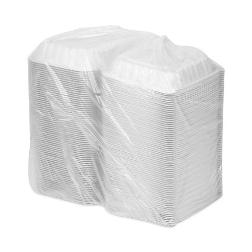 Image of Pactiv Evergreen EarthChoice Vented Microwavable MFPP Hinged Lid Container, 8.5 x 8.5 x 3.1, White, Plastic, 146/Carton