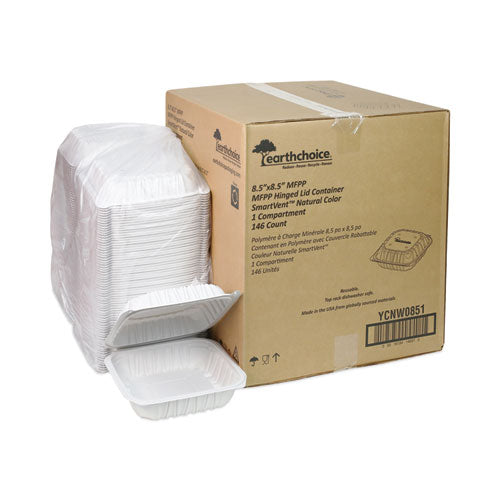 Image of Pactiv Evergreen EarthChoice Vented Microwavable MFPP Hinged Lid Container, 8.5 x 8.5 x 3.1, White, Plastic, 146/Carton