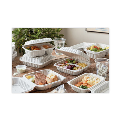 Image of Pactiv Evergreen EarthChoice Vented Microwavable MFPP Hinged Lid Container, 8.5 x 8.5 x 3.1, White, Plastic, 146/Carton