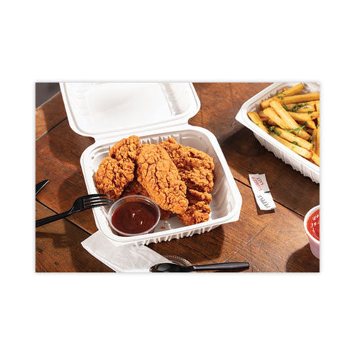 Image of Pactiv Evergreen EarthChoice Vented Microwavable MFPP Hinged Lid Container, 8.5 x 8.5 x 3.1, White, Plastic, 146/Carton