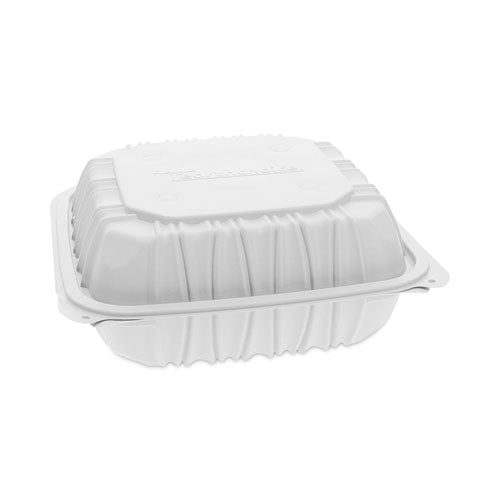Image of Pactiv Evergreen EarthChoice Vented Microwavable MFPP Hinged Lid Container, 3 Compartments, 8.5 x 8.5 x 3.1, White, Plastic, 146/Carton