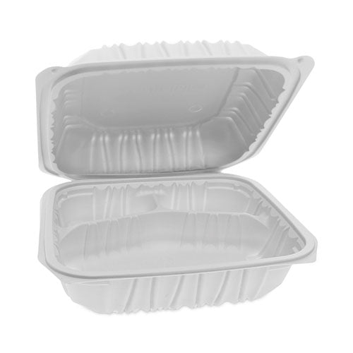 Image of Pactiv Evergreen EarthChoice Vented Microwavable MFPP Hinged Lid Container, 3 Compartments, 8.5 x 8.5 x 3.1, White, Plastic, 146/Carton