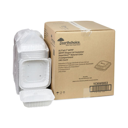 Image of Pactiv Evergreen EarthChoice Vented Microwavable MFPP Hinged Lid Container, 3 Compartments, 8.5 x 8.5 x 3.1, White, Plastic, 146/Carton