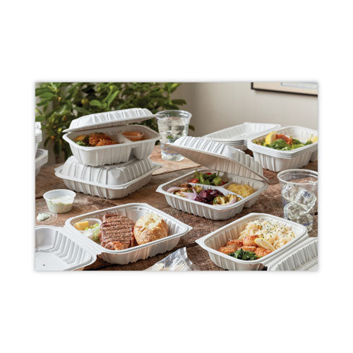 Image of Pactiv Evergreen EarthChoice Vented Microwavable MFPP Hinged Lid Container, 3 Compartments, 8.5 x 8.5 x 3.1, White, Plastic, 146/Carton
