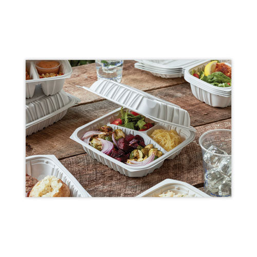 Image of Pactiv Evergreen EarthChoice Vented Microwavable MFPP Hinged Lid Container, 3 Compartments, 8.5 x 8.5 x 3.1, White, Plastic, 146/Carton