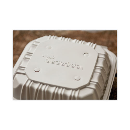 Image of Pactiv Evergreen EarthChoice Vented Microwavable MFPP Hinged Lid Container, 3 Compartments, 8.5 x 8.5 x 3.1, White, Plastic, 146/Carton