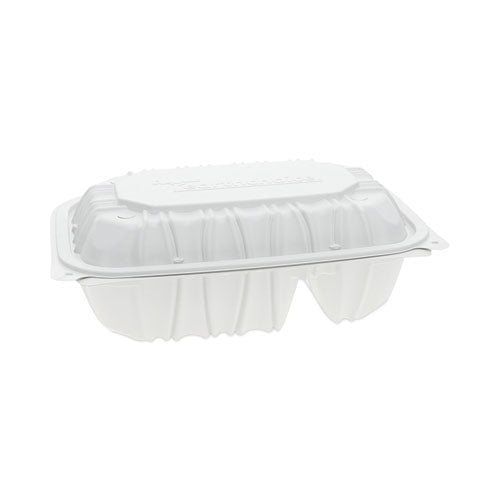 Image of Pactiv Evergreen EarthChoice Vented Microwavable MFPP Hinged Lid Container, 2 Compartments, 9 x 6 x 3.1, White, Plastic, 170/Carton