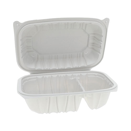 Image of Pactiv Evergreen EarthChoice Vented Microwavable MFPP Hinged Lid Container, 2 Compartments, 9 x 6 x 3.1, White, Plastic, 170/Carton