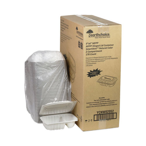 Image of Pactiv Evergreen EarthChoice Vented Microwavable MFPP Hinged Lid Container, 2 Compartments, 9 x 6 x 3.1, White, Plastic, 170/Carton