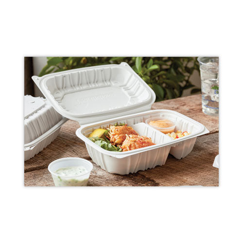 Image of Pactiv Evergreen EarthChoice Vented Microwavable MFPP Hinged Lid Container, 2 Compartments, 9 x 6 x 3.1, White, Plastic, 170/Carton